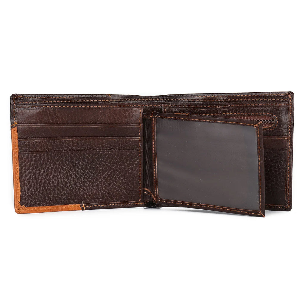 Soft brown cowhide men's wallet open, showing card slots, bill compartment, and zippered coin section with contrast stitching.