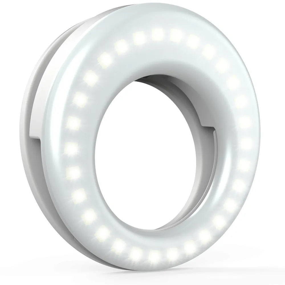 Black LED selfie ring light for mobile phones with USB cable, shown next to a smartphone.