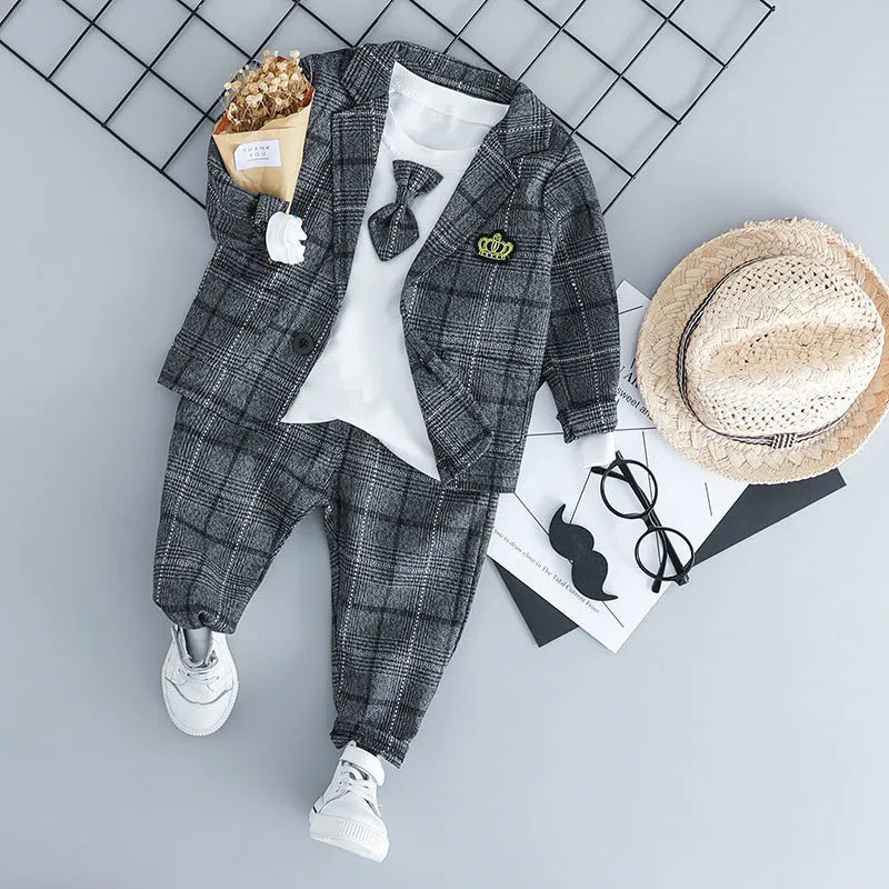 Children's knitted cotton three-piece suit in coffee colour showing trousers, jacket, and shirt