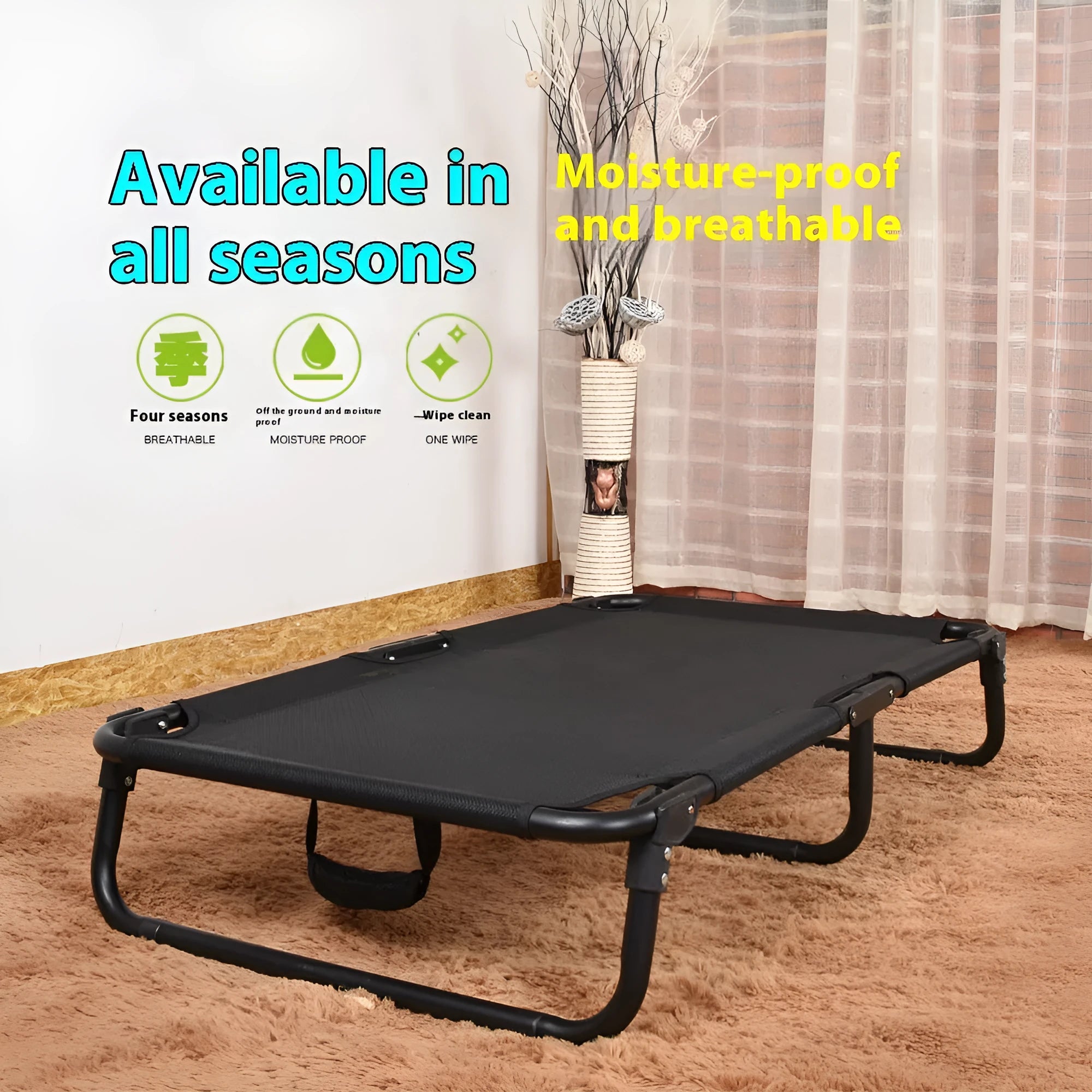 Folding steel frame dog camp bed with mesh sides and included mattress in four available sizes