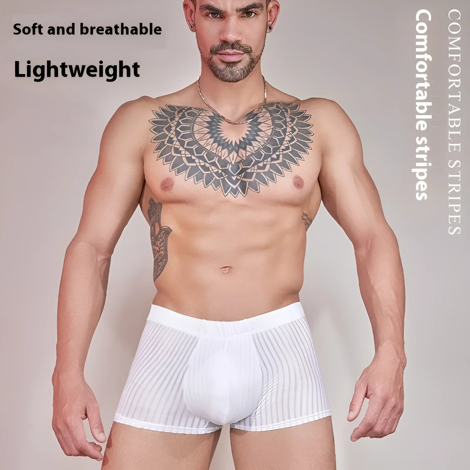 Men's striped underwear in black, made from thin transparent nylon fabric.