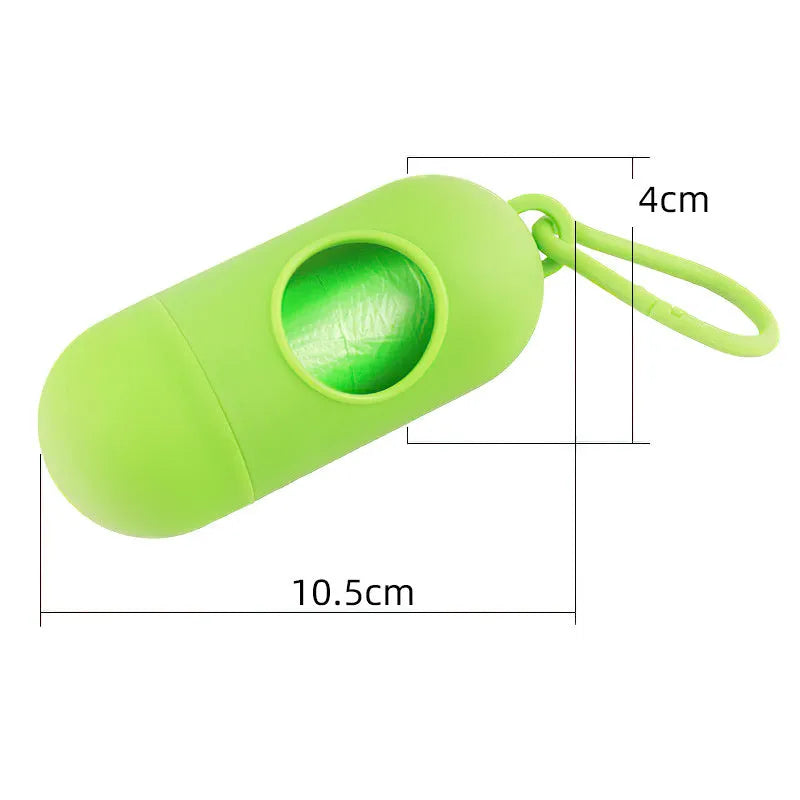 Compact dog poop bag holder with side hook and Velcro base, shown in assorted colours