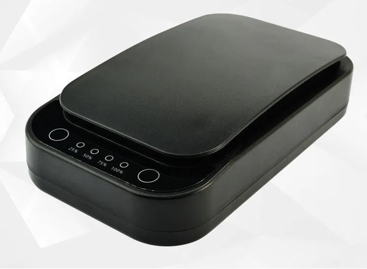 A compact blue and white UV disinfection box open, showing the interior chamber sized for a mobile phone.