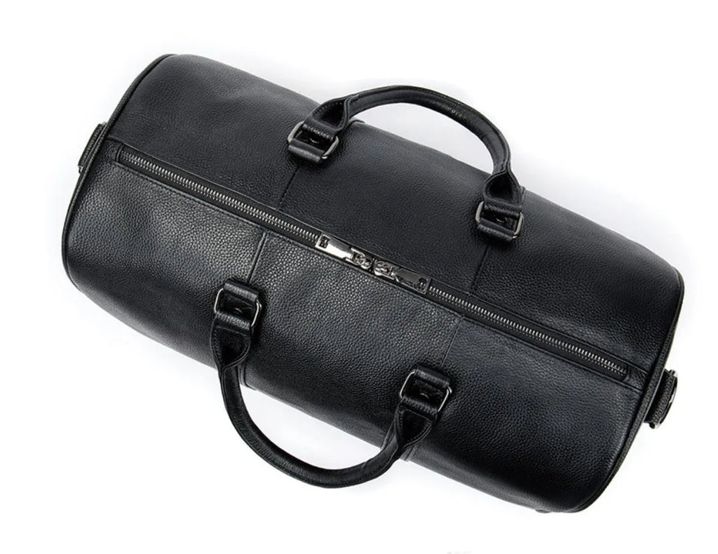 First layer cowhide leather travel bag with independent shoe compartment, zippered main closure, brown colour, soft handle and shoulder strap