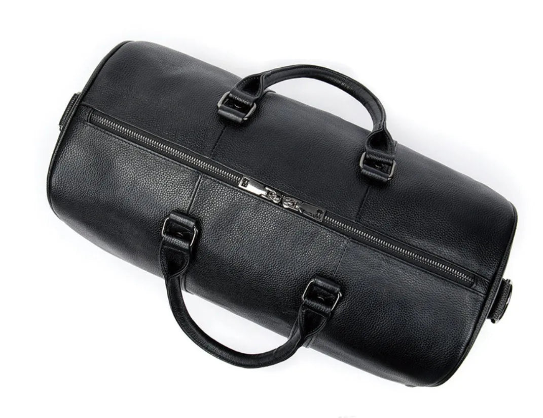 First layer cowhide leather travel bag with independent shoe compartment, zippered main closure, brown colour, soft handle and shoulder strap