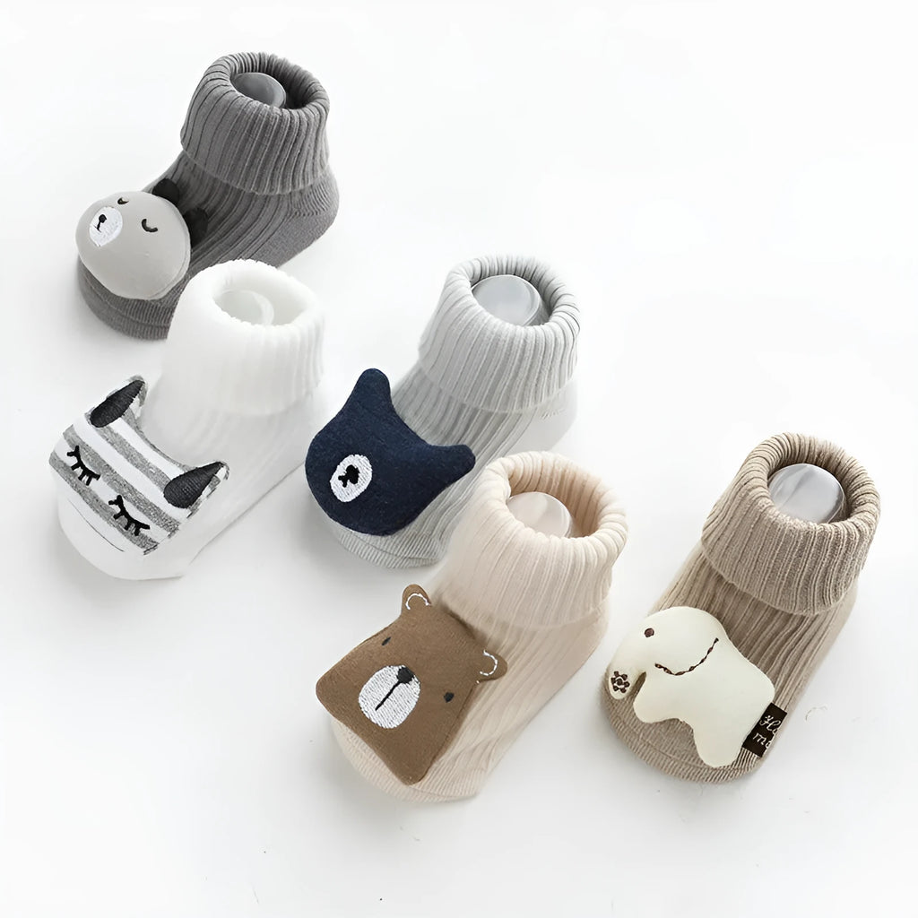 Non-slip baby socks with dispensing glue feature in cotton material, showing mid-calf height and colour options