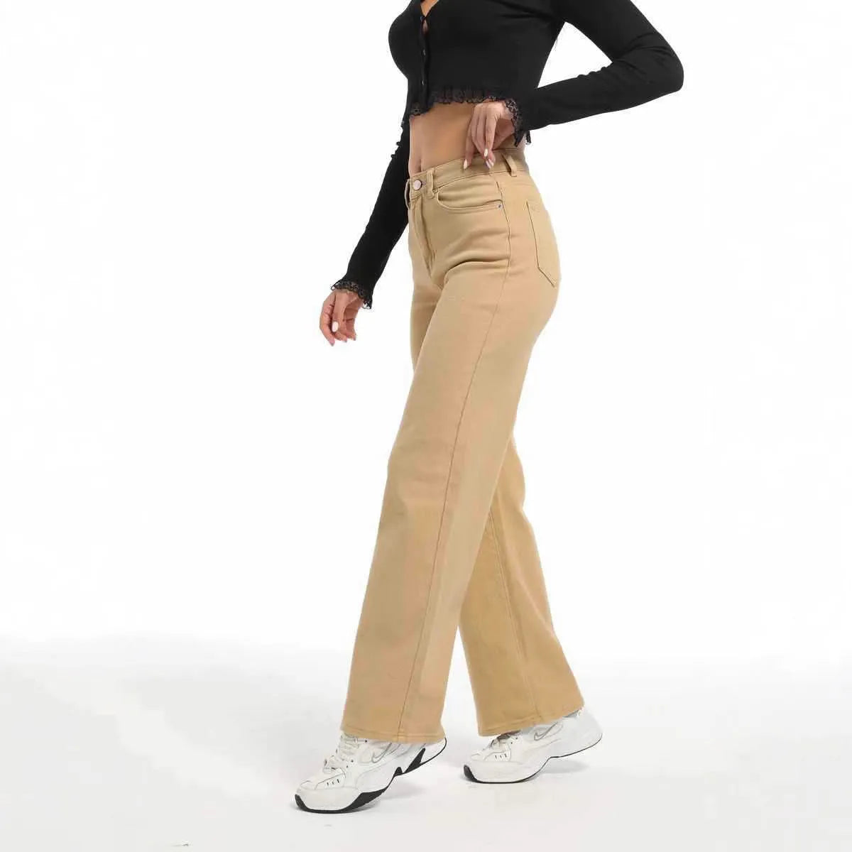 Women's high-waist straight leg jeans in apricot colour with a wide leg cut.