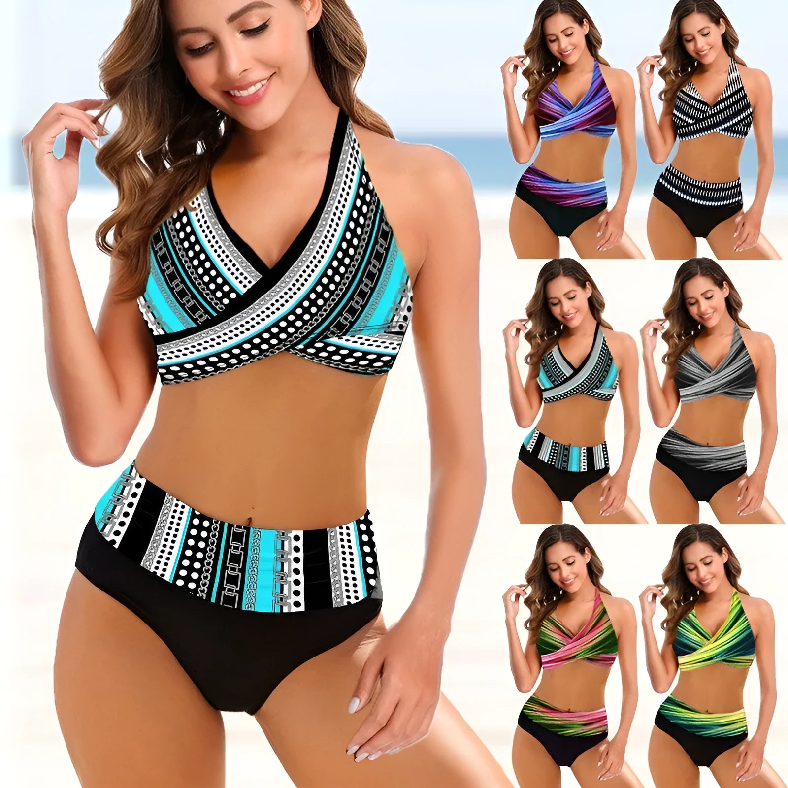 Ladies striped tie-dye bikini set with high-waisted briefs and hollow cut details.