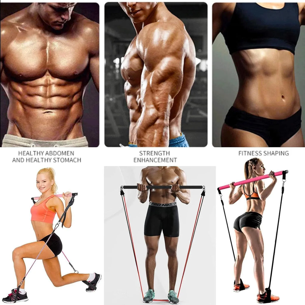 180-pound pink and black TPE resistance band set with a silver gymnastic bar pull rope.