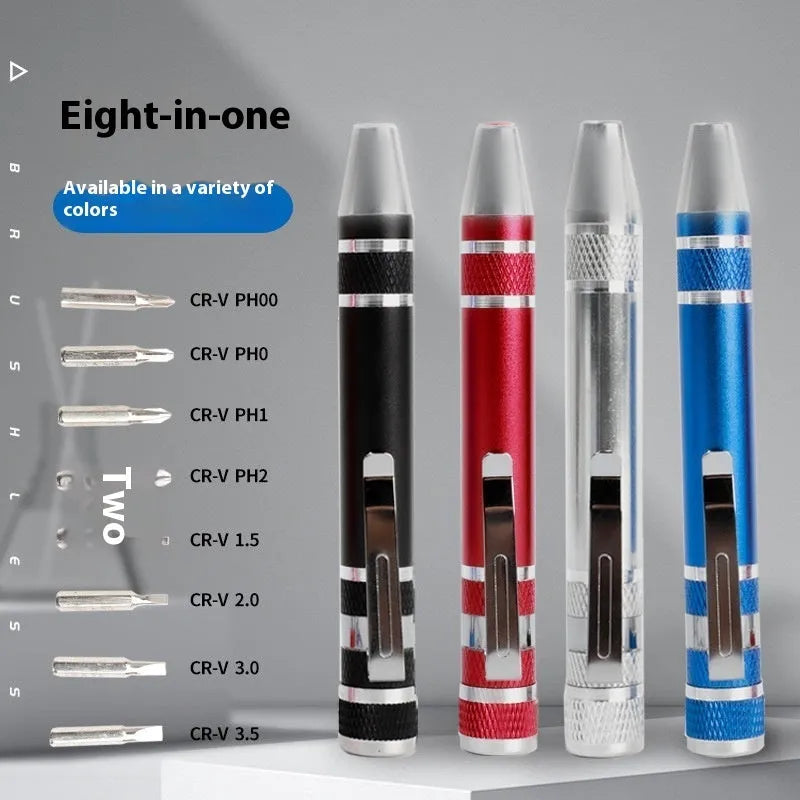 8-in-1 aluminium alloy screwdriver pen set in various colours with chrome vanadium steel shaft