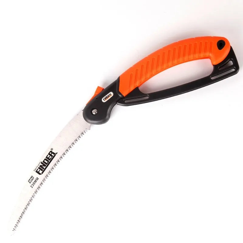A folded and an unfolded view of a silver 230mm garden pruning saw with a black TPR grip handle.
