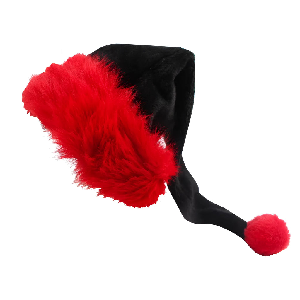 Plush Christmas hat in black and white or red and black colours with 56cm sizing for adult festive headwear