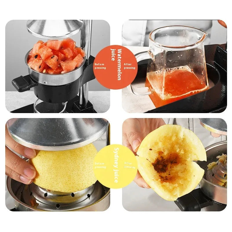 Black cast iron manual citrus juicer with stainless steel funnel on a kitchen counter.