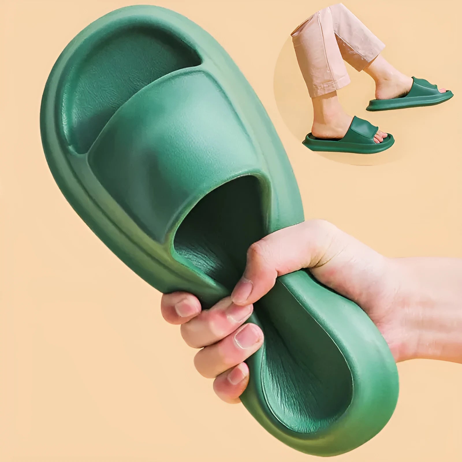 Soft EVA flip-flop slippers with a thick non-slip sole, shown in multiple colours on a white background.