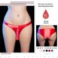 Men's low waist T-back underwear in shiny nylon on a colour swatch showing black, grey, pink, red and white.