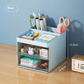 Transparent plastic desktop storage box with internal grid partitions, shown in pink colour.