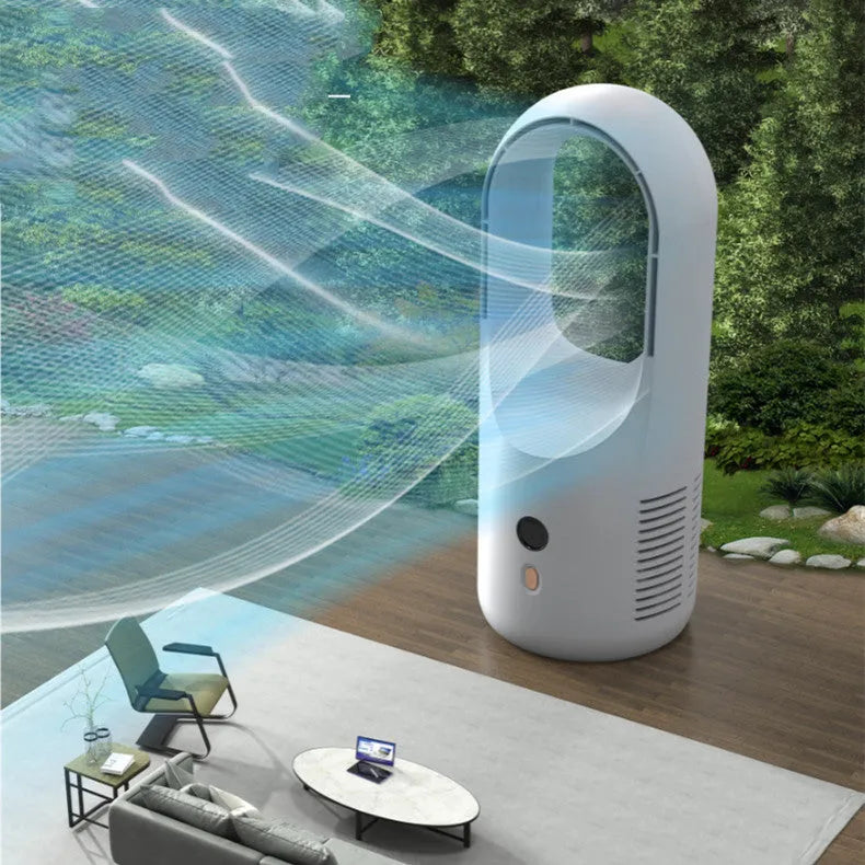 X28 Vaneless bladeless desktop fan with USB port and LED display on a desk