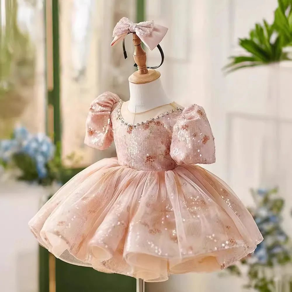 Girls princess dress in pink made from polyester fiber, for heights 80cm to 150cm, suitable for birthday and piano performances