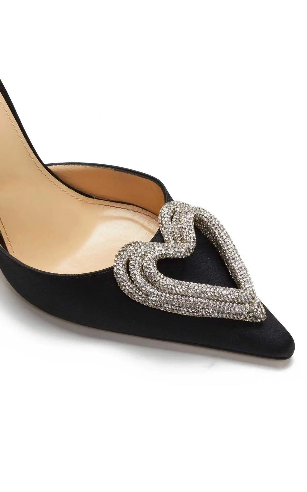 Women's pointed-toe satin sandals with heart-shaped rhinestone decoration and cross-strap design