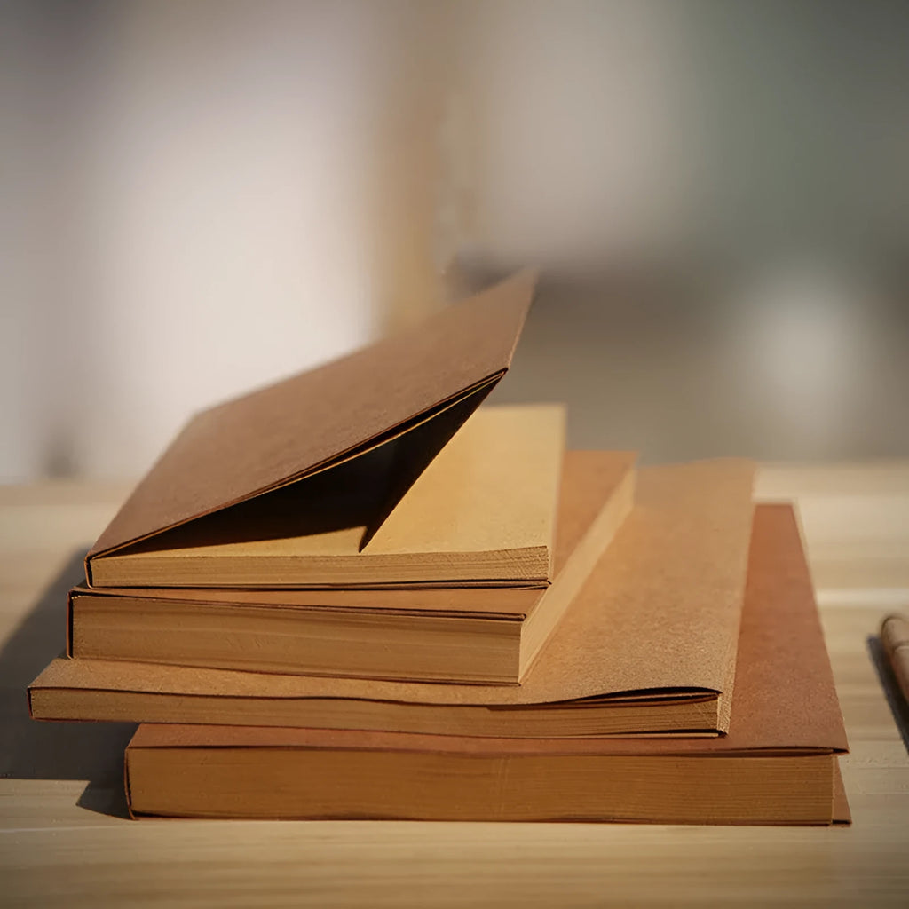 Brown and white kraft paper sketchbooks in large 16K and medium 32K sizes, showing bound 132-page pads.