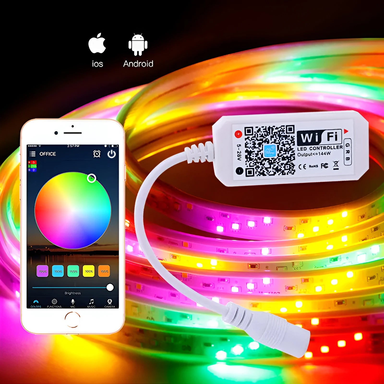 White WiFi RGB lighting controller for LED strips with DC input and smartphone app control.
