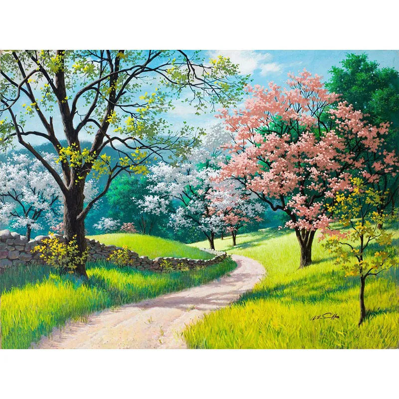 40x50cm landscape paint by numbers kit showing numbered linen canvas and set of acrylic paints