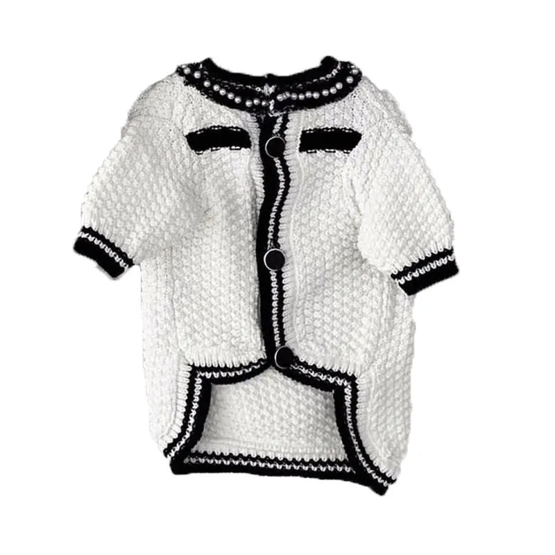 Korean style white puppy sweater with pearl collar for small dogs in XS to XL sizes