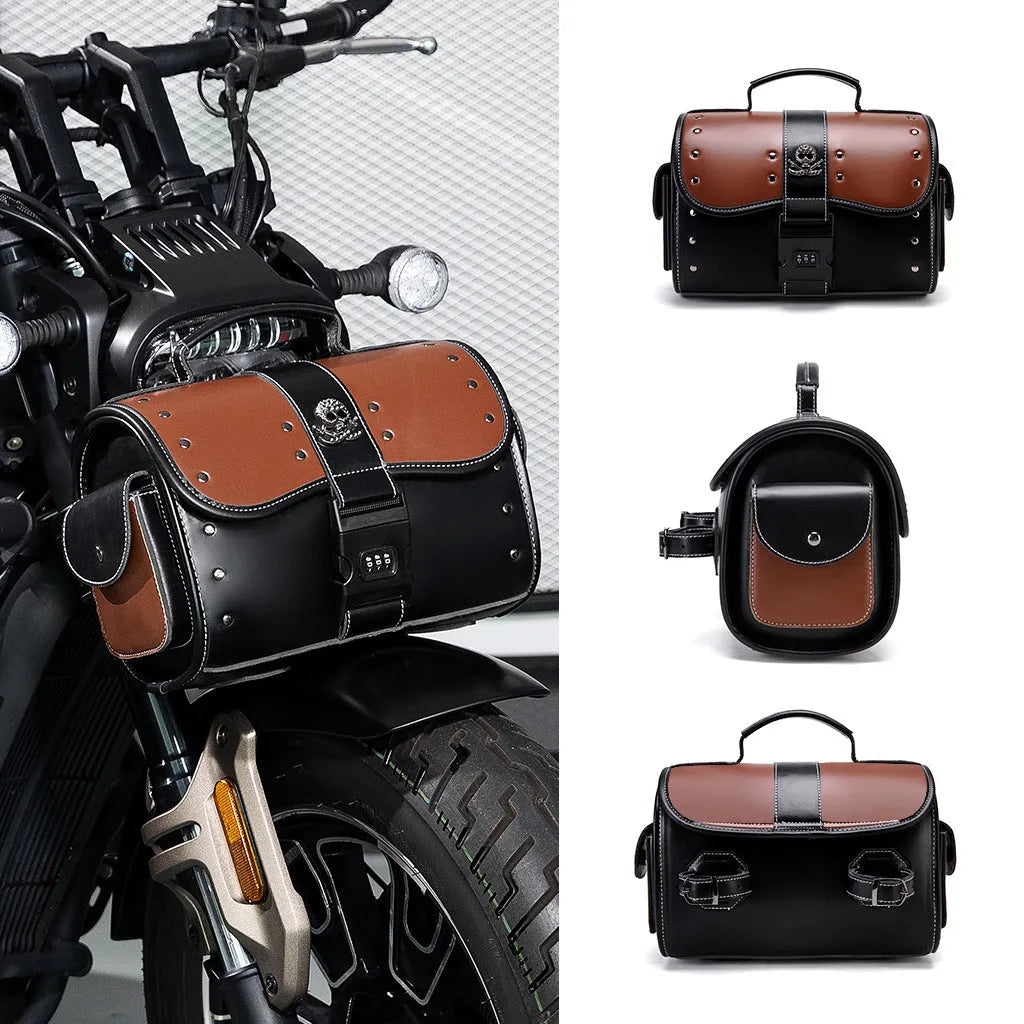 PU leather motorcycle front bag with colour contrast patchwork design, model FBG397BK.