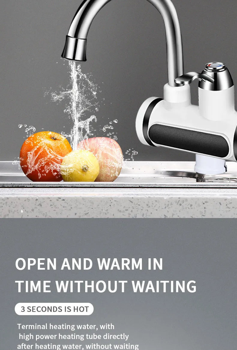 White 3000W kitchen electric water tap heater with digital temperature display and 10L capacity, fitted to a sink
