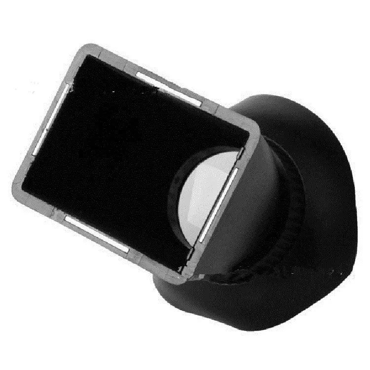 Black camera LCD viewfinder magnifier attached to a DSLR, showing 180-degree rotation.