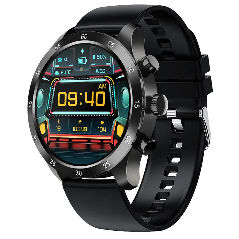 Black Bluetooth smartwatch with stainless steel strap showing a heart rate monitoring display on screen.