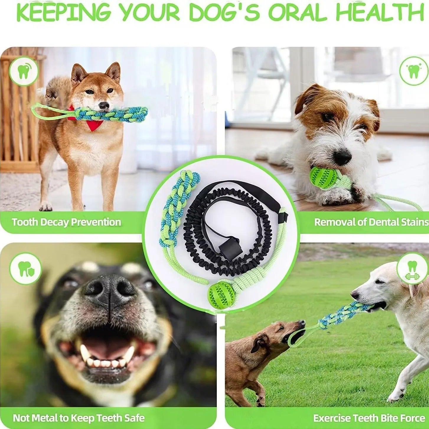 Green cotton thread dog tug rope toy with a corncob design for tug-of-war games.