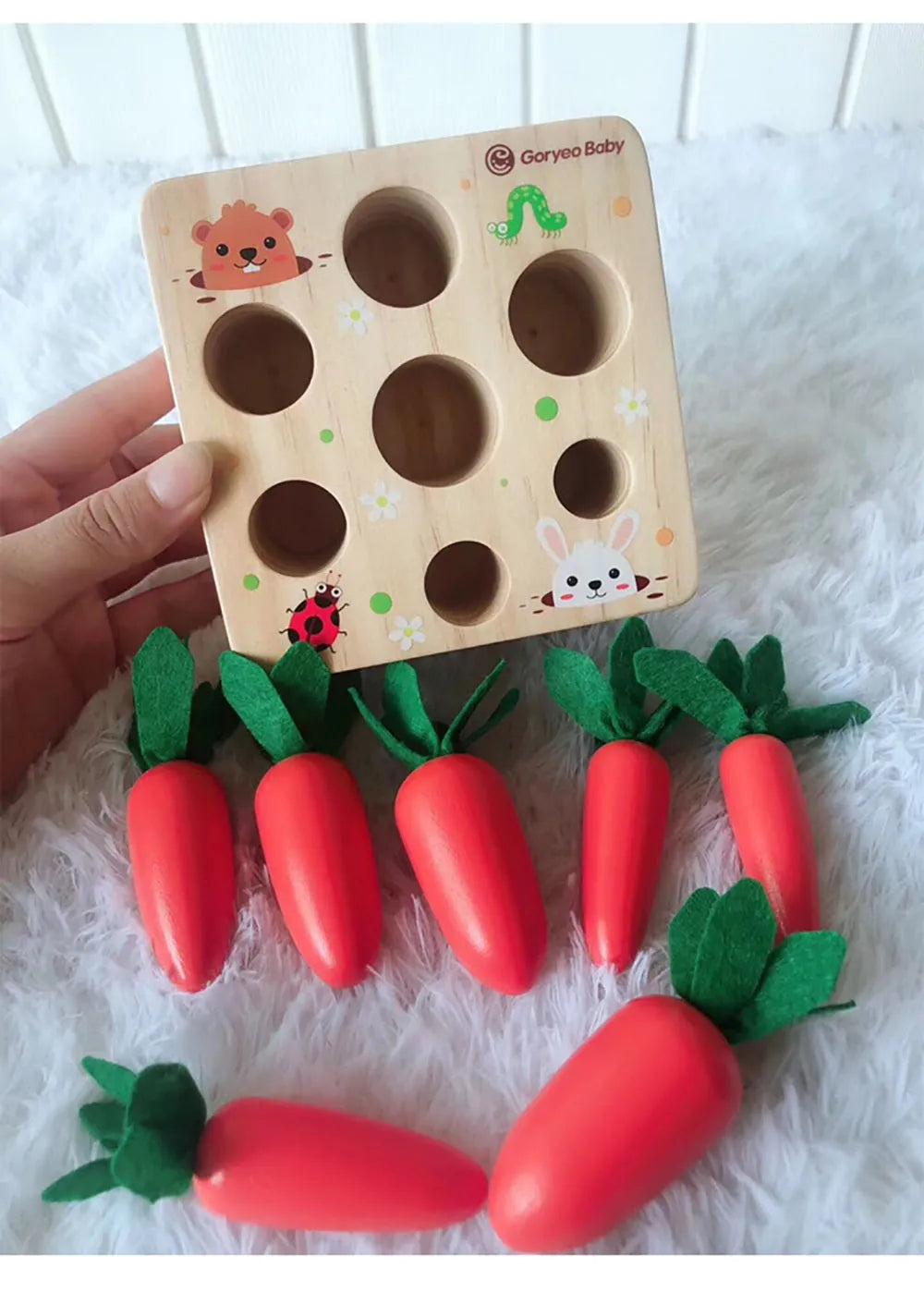 Harvest carrots coloured wooden educational toy for toddlers aged 2-4 years, made from pine wood.