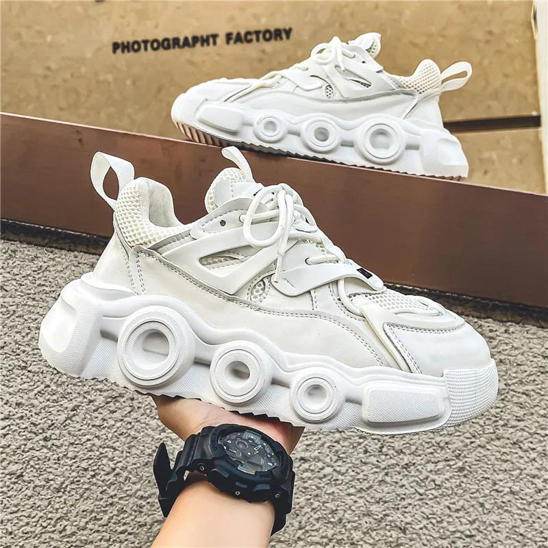 Men's black mesh sneakers with thick rubber sole and lace-up front in Korean style casual design