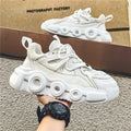 Men's black mesh sneakers with thick rubber sole and lace-up front in Korean style casual design