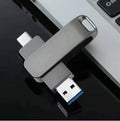 Rotating metal USB flash drive showing black and silver colour options with Type-C and standard USB connectors