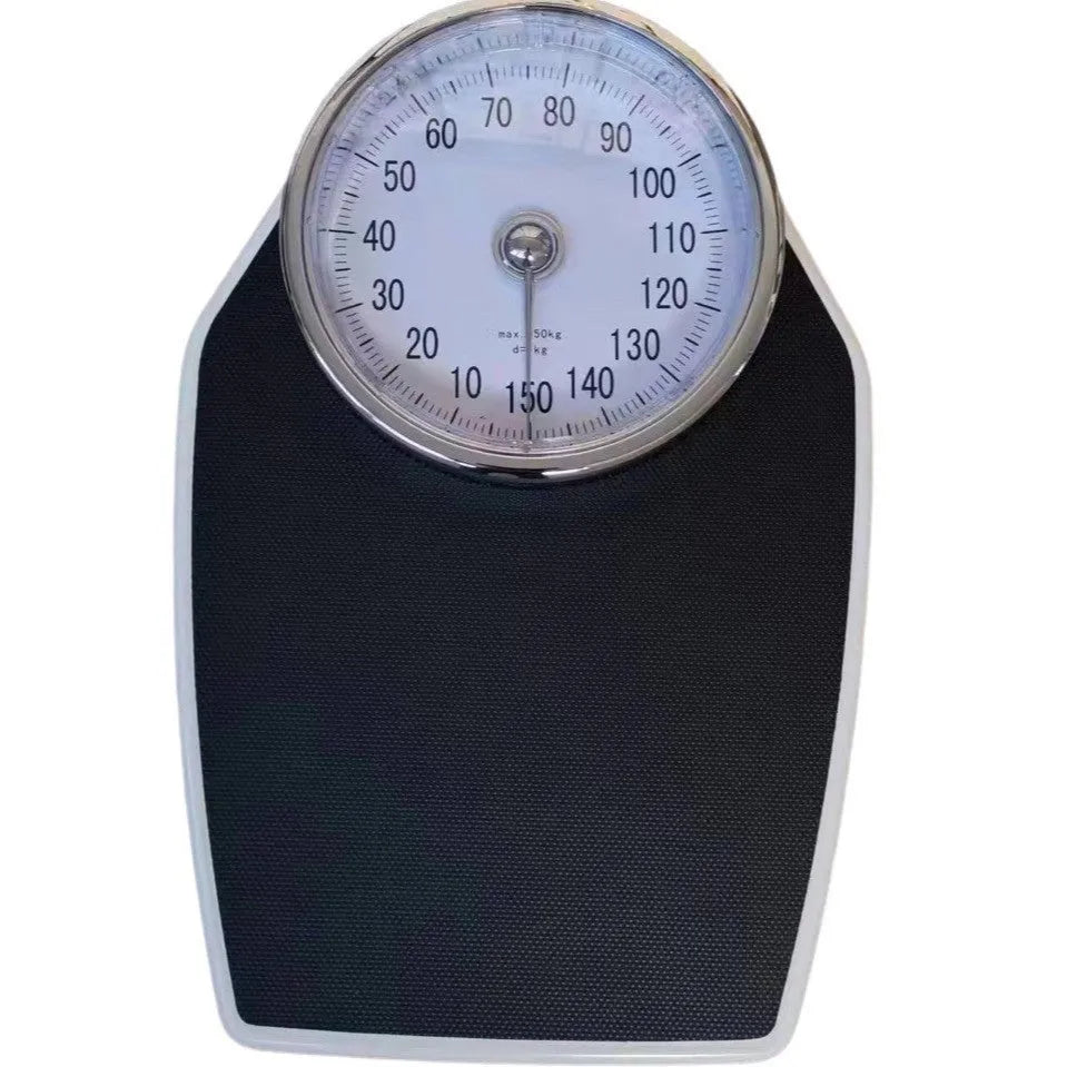 Black mechanical body weight scale with large dial display on 47x35x11cm platform