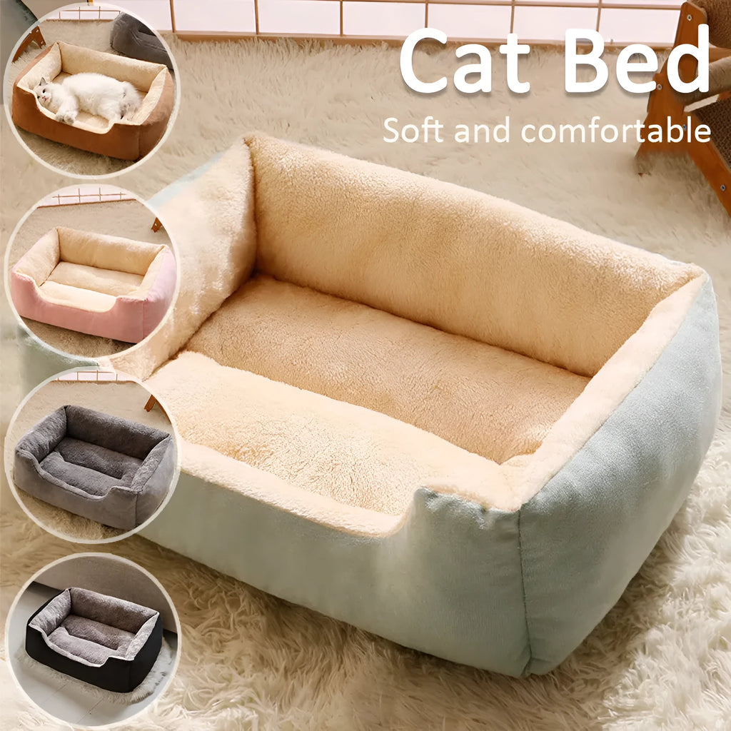 Soft short plush pet bed for cats and dogs in grey, shown in a large size on a wooden floor.