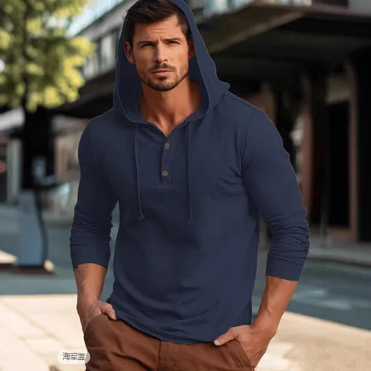 Casual cotton sports hoodie pullover top in dark blue, sized for European and American fits