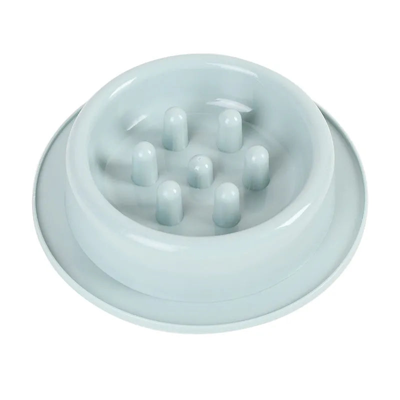 PP plastic pet slow feeder bowl in blue, green, or pink with maze design and non-slip base