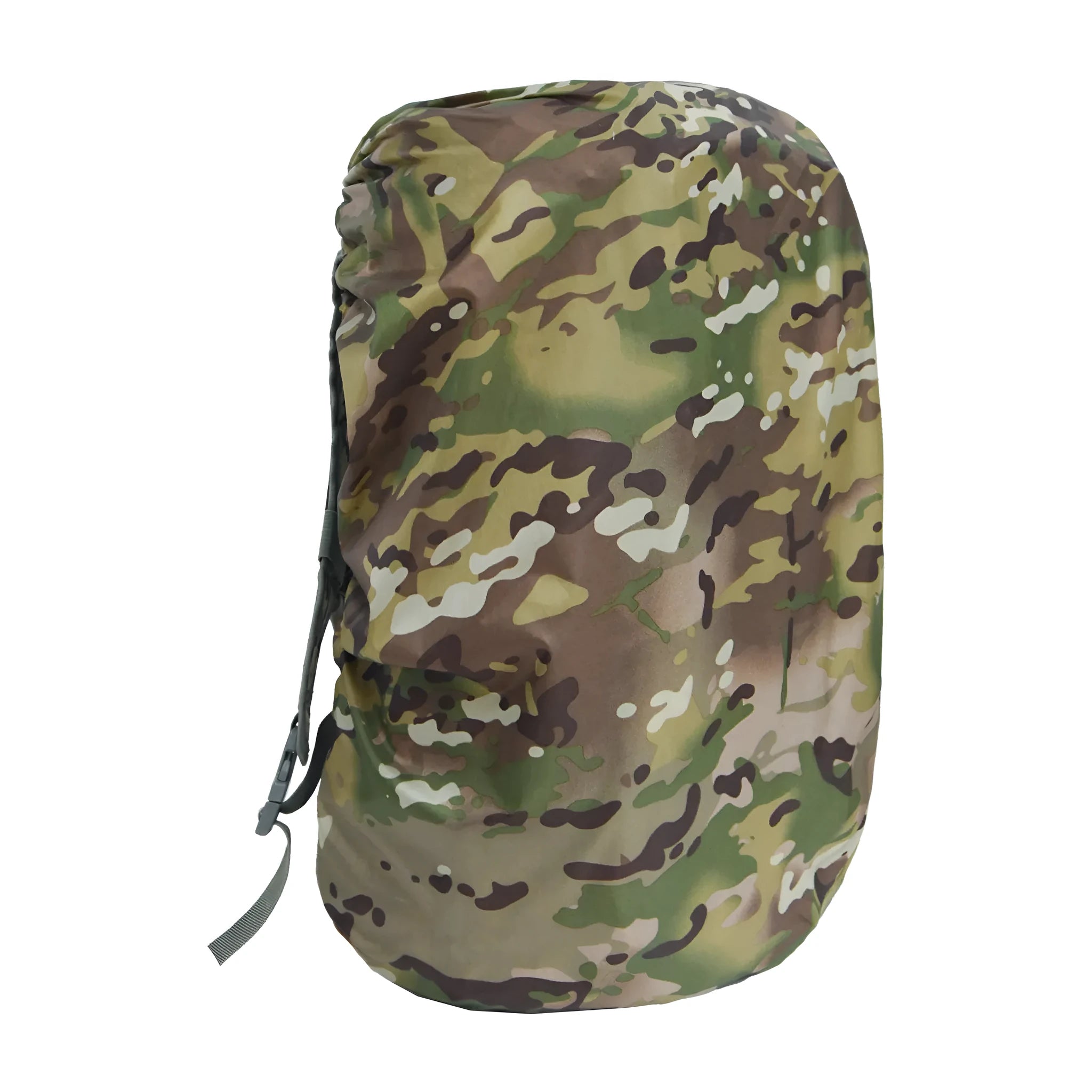 Army green backpack rain cover shown unfolded, suitable for an 80-litre pack.