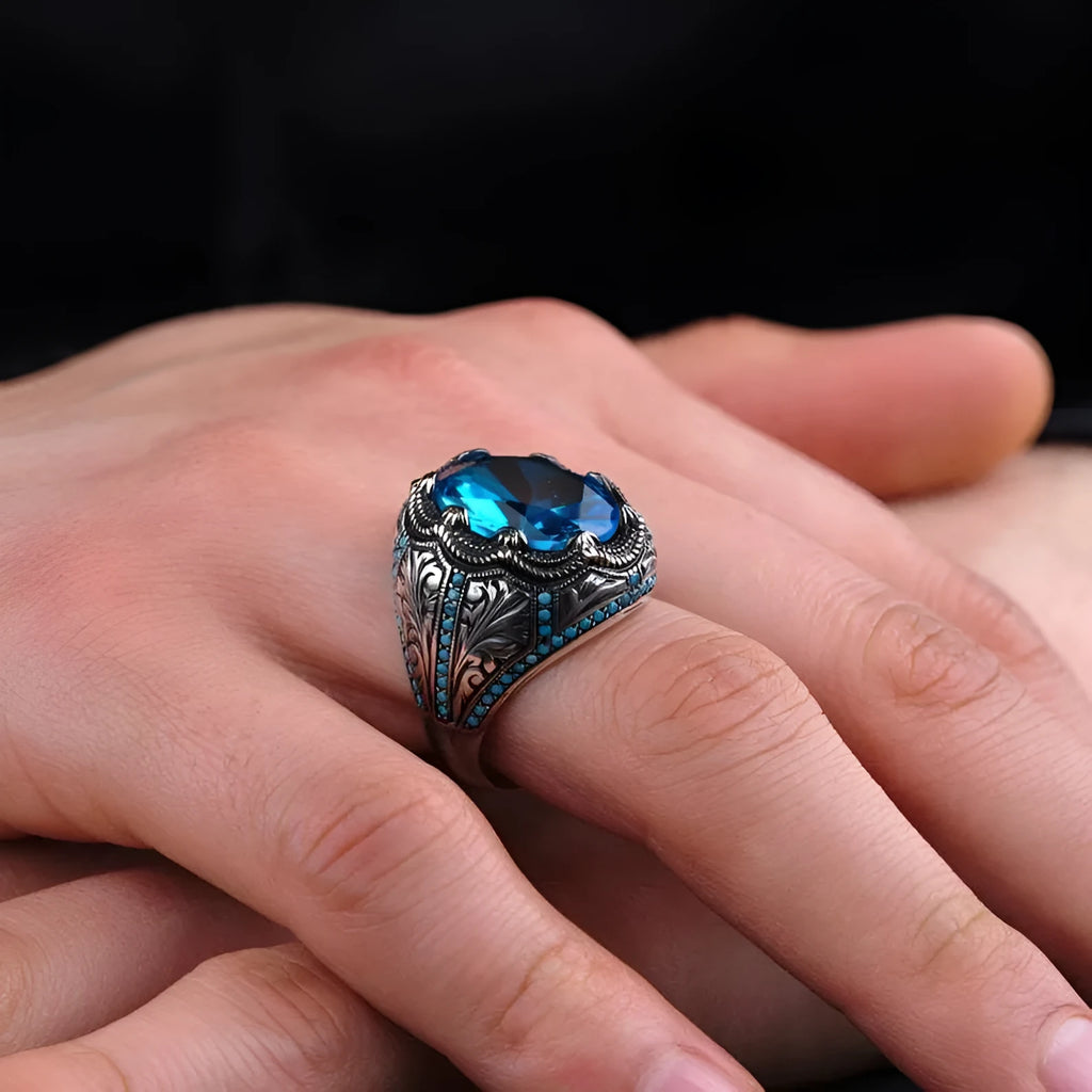Geometric blue zircon alloy couple ring in antique silver electroplating showing detailed design