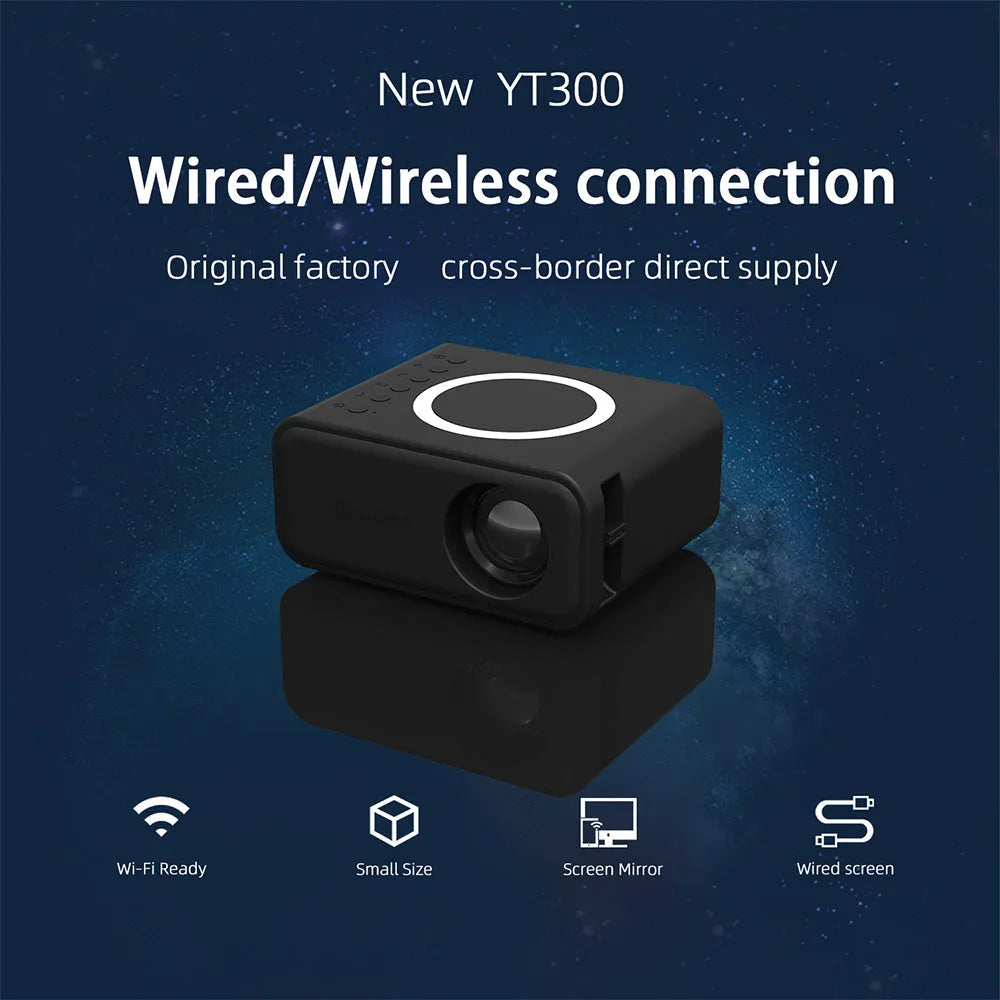 YT300 black or white portable mini projector with remote control on a table, showing compact size.