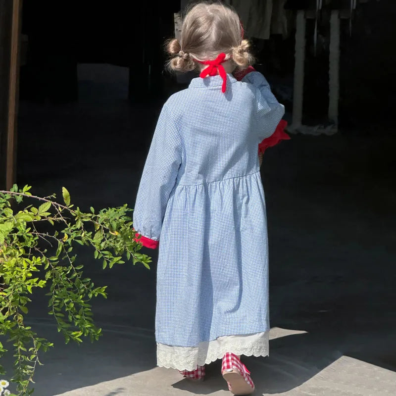 Blue plaid overknee cotton dress for girls, retro style, suitable for height 90-130cm