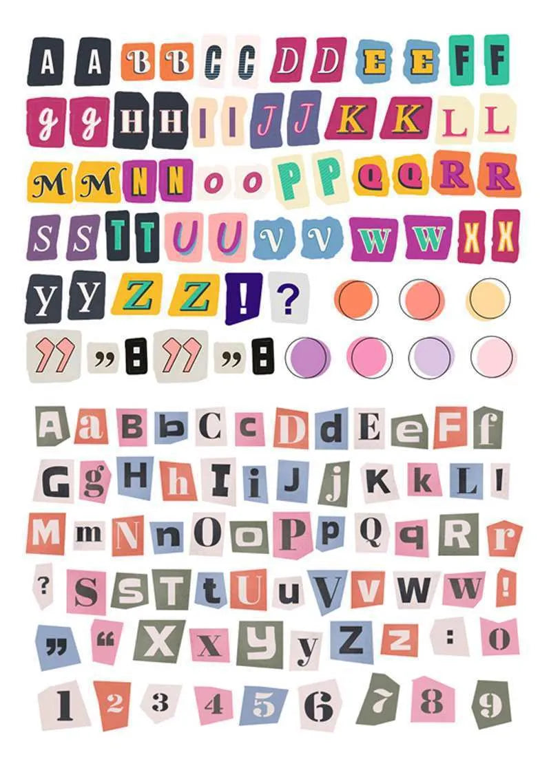 Pack of printed decorative stickers showing English letters, numbers, symbols, and weekly words in a cute style.