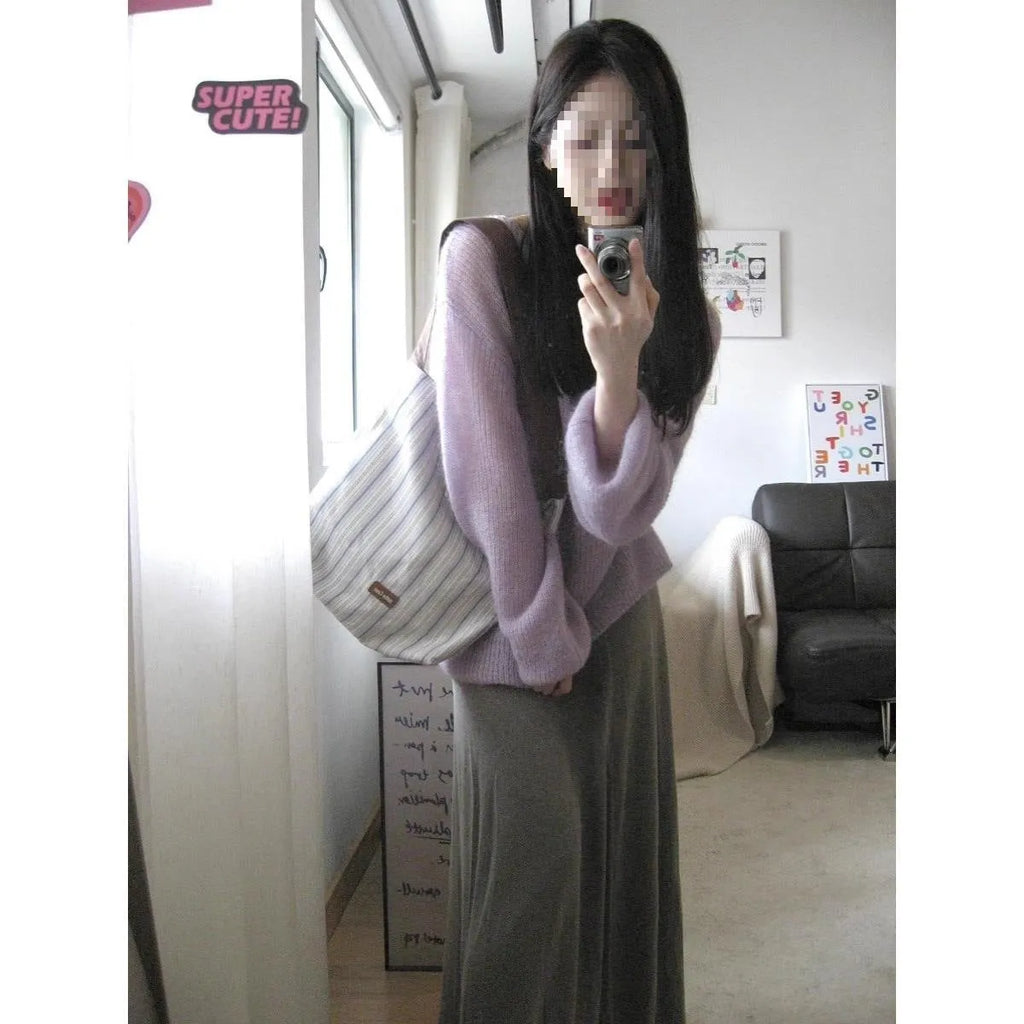 Purple women's sleeveless sweater with round neck and hollow-out pattern in ice silk fabric