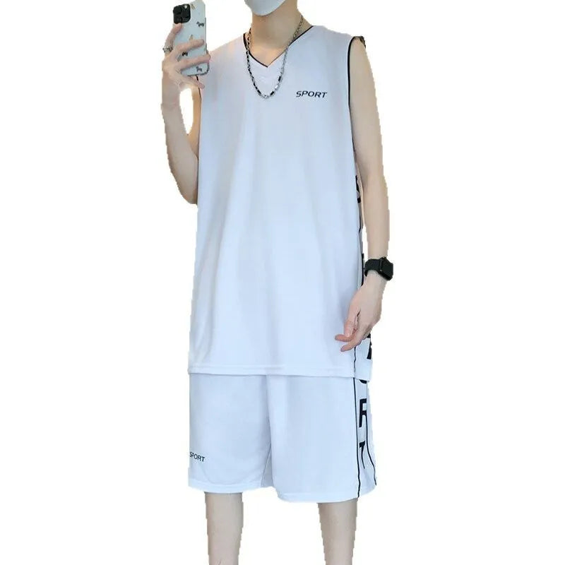 Men's thin polyester basketball sports suit with sleeveless vest and matching shorts