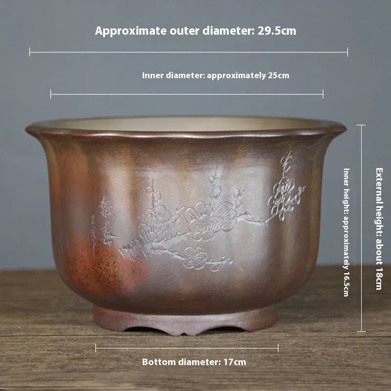 Indoor antique carved purple sand ceramic bonsai pot in classical style