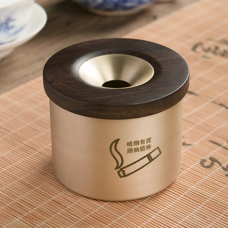 Solid copper retro ashtray with a wooden lid in black or rosewood finish.