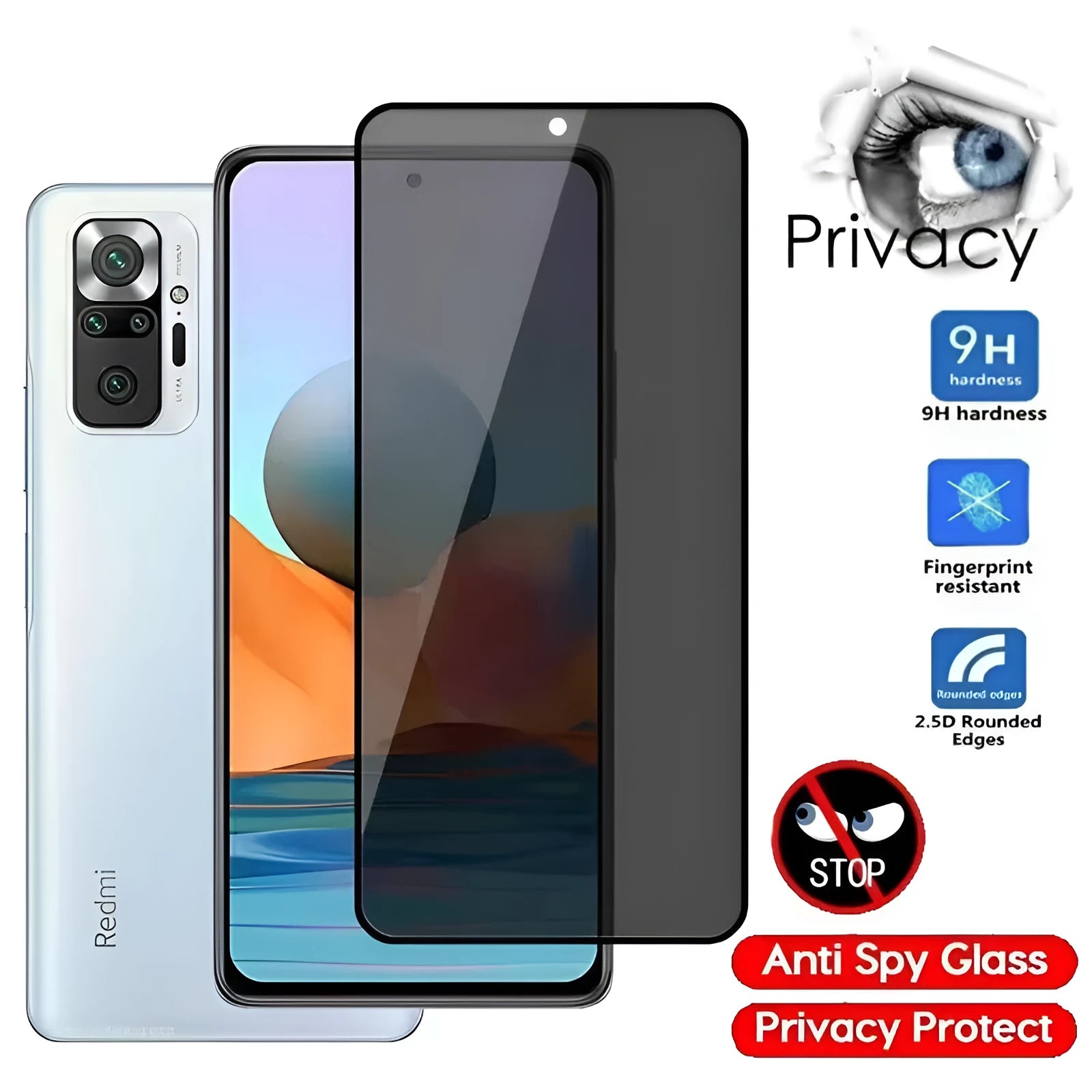 Anti-spy screen protector for Xiaomi Poco and Redmi Note smartphones with privacy filter